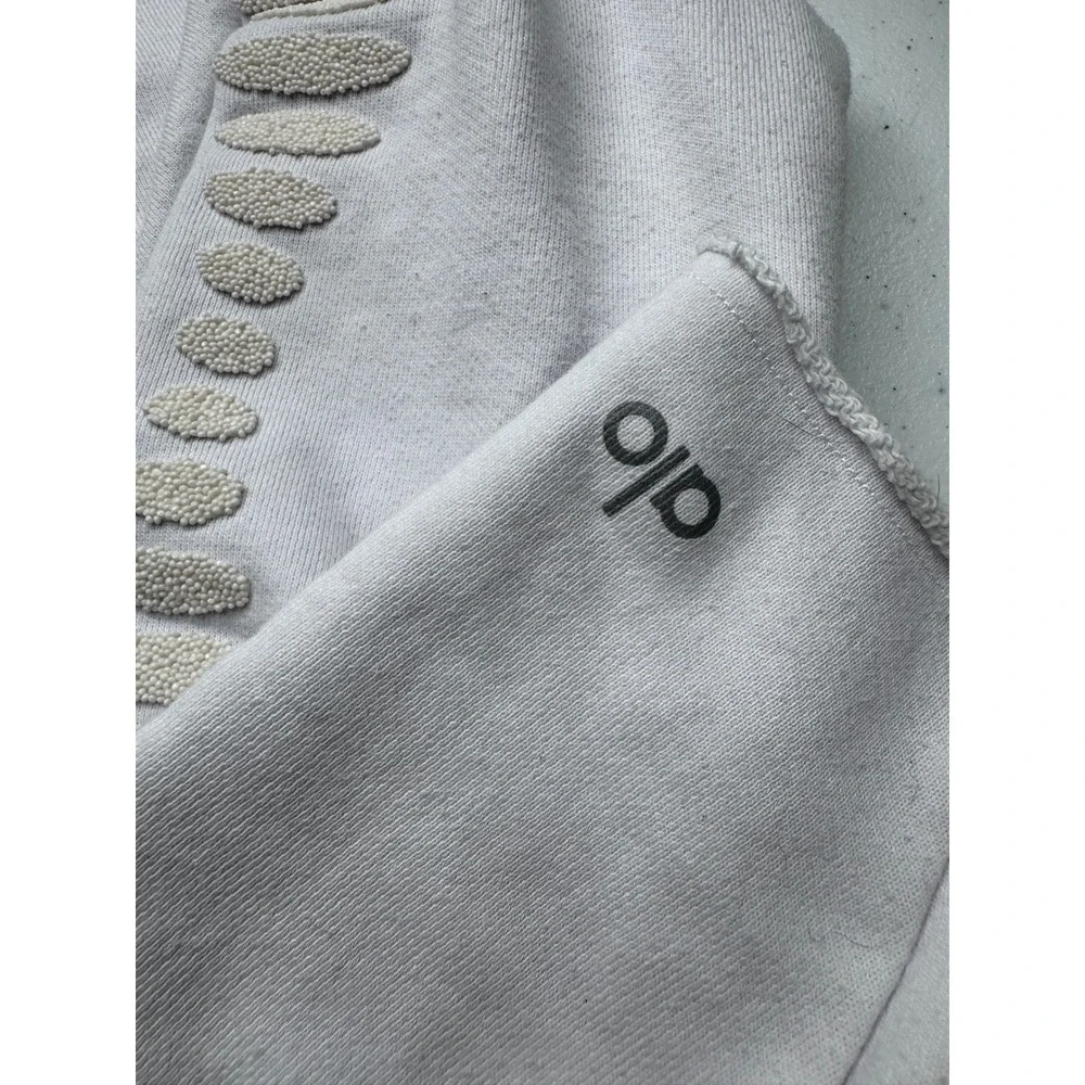 Alo Yoga Womens White Cropped Hoodie Beaded Sleeve‎ Detail Raw Hem Pullover